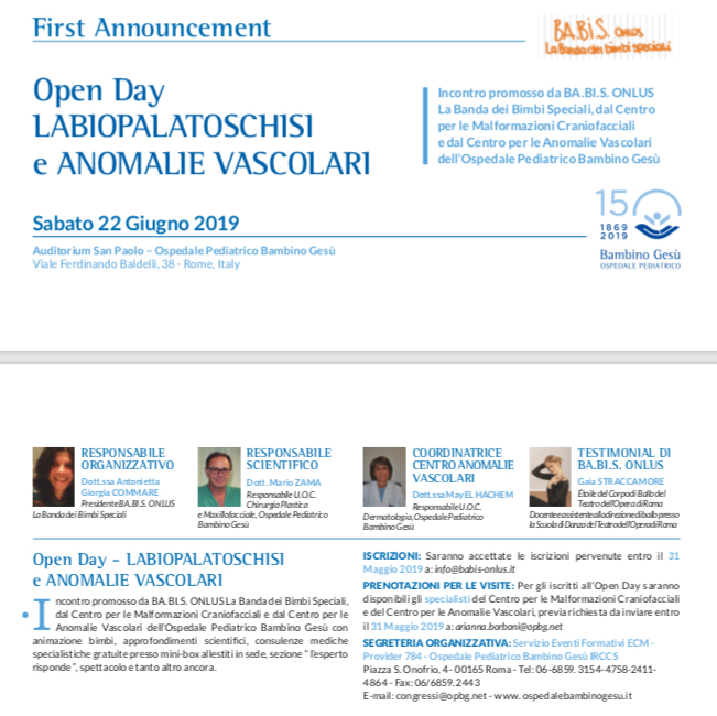 PROGRAMMA OPEN DAY LABIOPALATOSCHISI E ANOMALIE VASCOLARI- 22 GIUGNO 2019